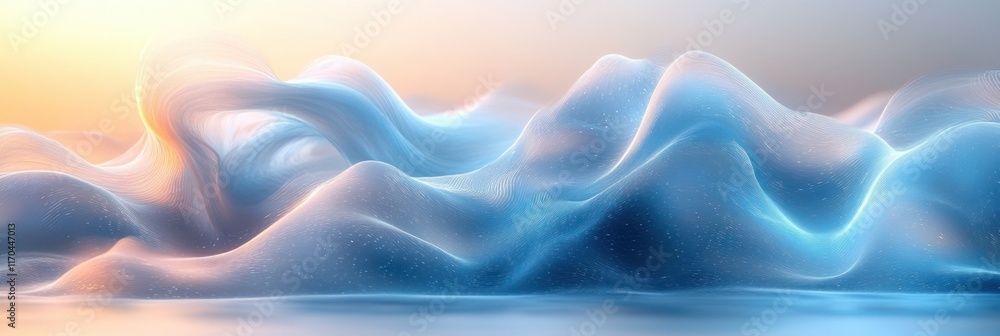 Poster abstract flowing waves in blue and silver with smooth transitions and gentle lighting