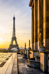 Sunrise on the Eiffel Tower and the golden statues of the Trocadero esplanade along the Chaillot palace in Paris, France.