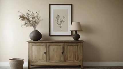 picture frame mockup on neutral wall with stylish lamps and soft tones
