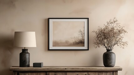 picture frame mockup on neutral wall with stylish lamps and soft tones