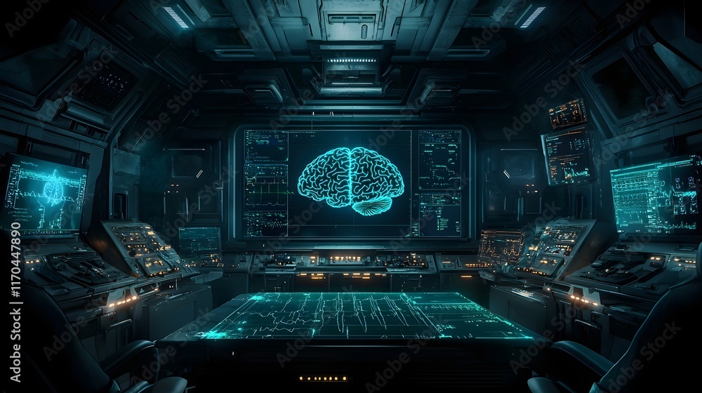 Poster quantum computing interface analyzing brain scans for precision neurosurgery with glowing holographi