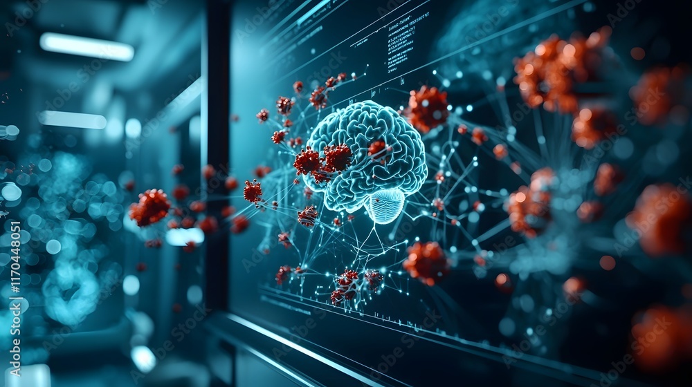 Poster a dynamic quantum enhanced holographic display showcasing an intricate 3d visualization of a brain s