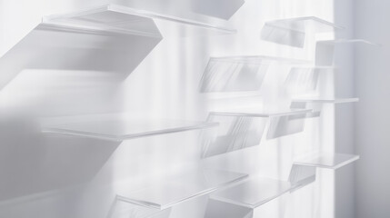 Realistic empty shop glass shelf on white wall background. Vector 3d store floating transparent shelves, product stand racks and ledges. Modern clear bookshelves and showcase panels set with shadows