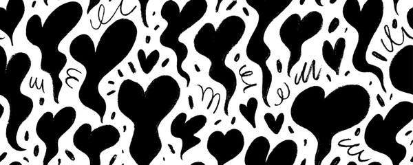 Fototapeta premium Crayon drawn fluid hearts with squiggles and dots background.