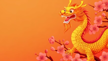 Fototapeta premium Chinese new year background. Vibrant dragon illustration surrounded by pink blossoms on an orange background.