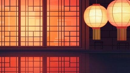 Fototapeta premium Chinese new year background. Serene interior with glowing lanterns and warm sunset hues reflecting on a tranquil surface.