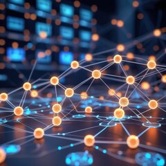 "A futuristic 3D visualization of a digital network, representing data exchange and connections in a conference setting with glowing nodes and interconnected lines."