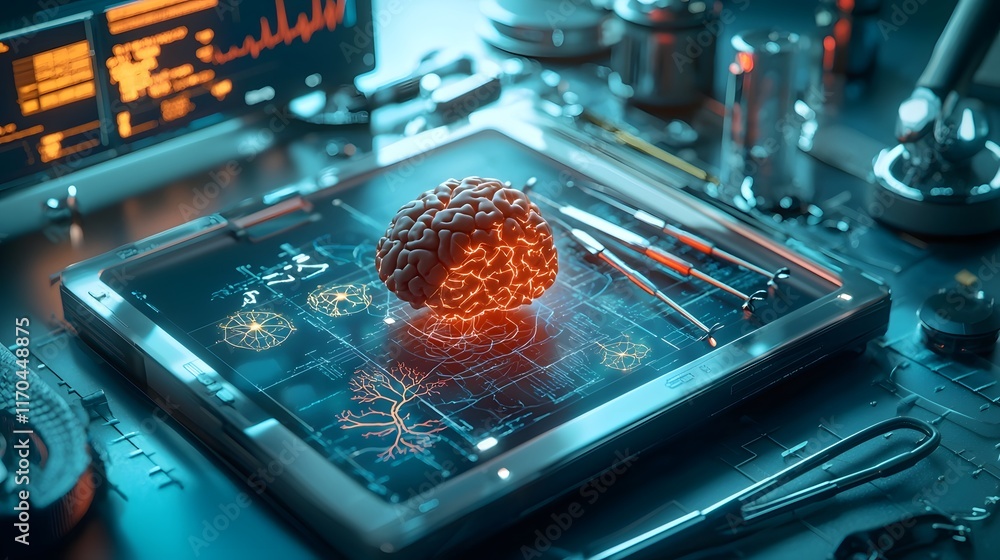 Poster a futuristic quantum computing system simulating the removal of a brain tumor featuring glowing 3d n