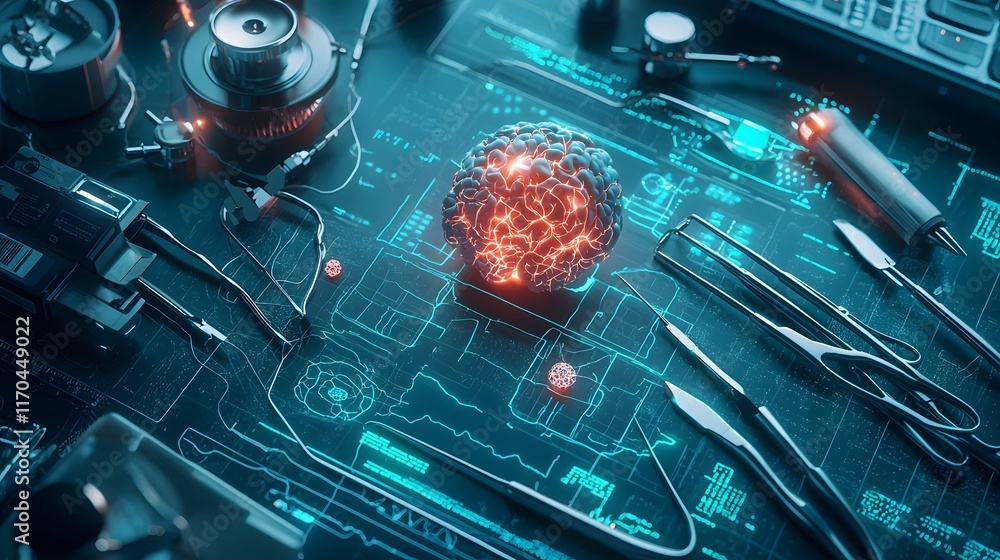 Poster a futuristic quantum computing system simulating the removal of brain tumors featuring glowing 3d ne