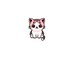 Cute Adorable Whimsical Cartoon Cat with Pink Accents, Big Eyes, and Stripes - Playful Kitten Illustration