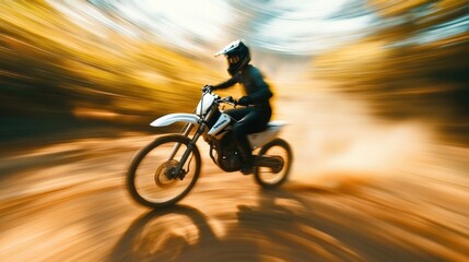 Fototapeta premium Motorcyclist speeding through autumn forest trails amidst blurred motion capturing the essence of adventure and thrill