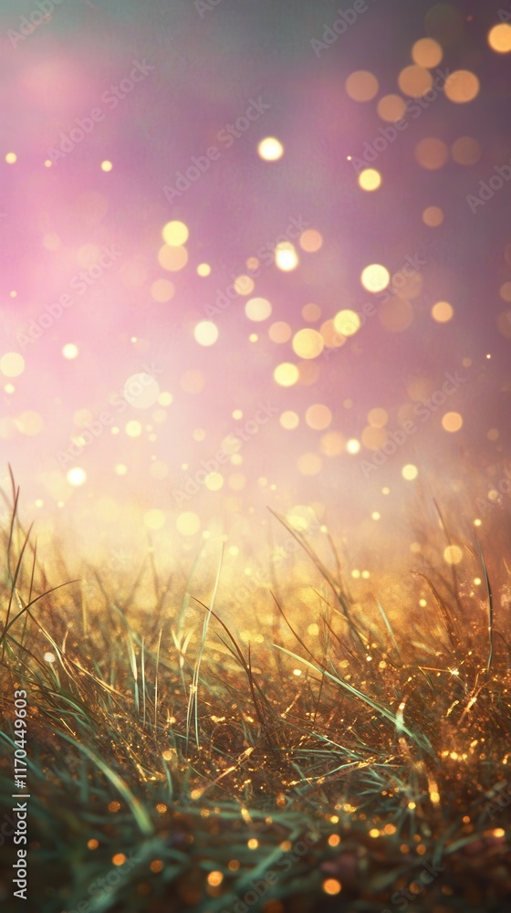 Poster Whimsical twilight with glowing grass and soft bokeh lights in a tranquil outdoor setting