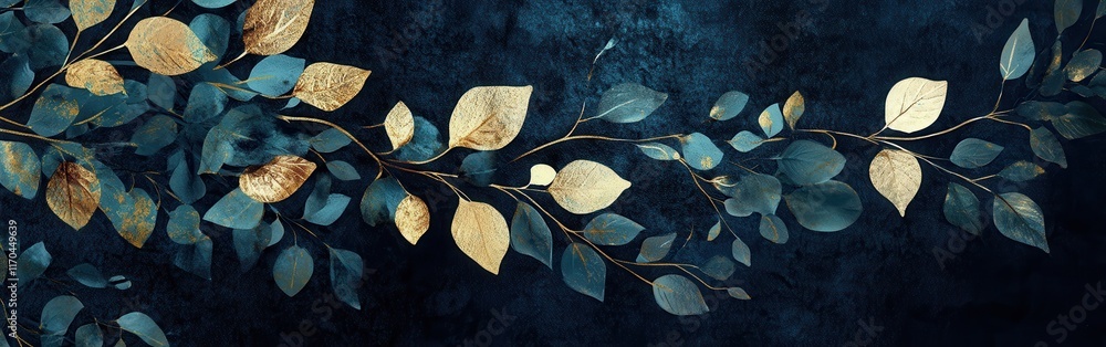 Poster Glossy metallic gold branches intertwine with dark blue hues creating a striking abstract design