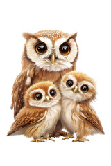 Fototapeta premium A family of owls, isolate on white background, representing a bond of protection and wisdom. cutout png
