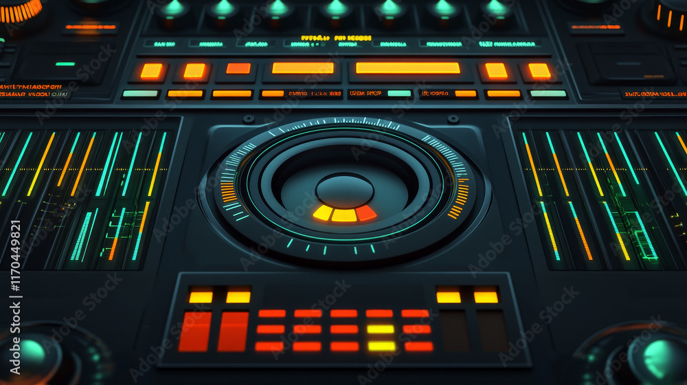 Poster hud dial interface, volume round knob switch and music sound control regulators. vector head up disp