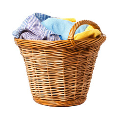 Obraz premium Laundry basket clean clothes cleaning chores housework, clean clothes and Wicker basket with clean laundry isolated on white background