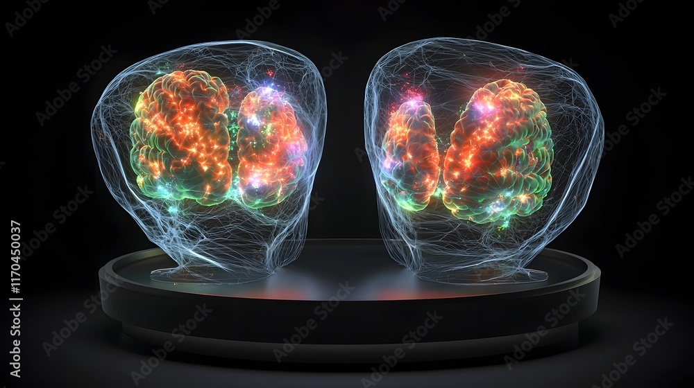 Poster quantum computing model predicting surgical outcomes for brain trauma patients with glowing holograp