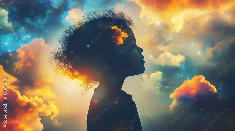 Poster child in profile radiating light amidst a celestial backdrop filled with colors and clouds