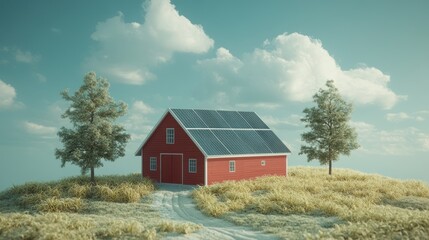 Obraz premium Red house with solar panels in a grassy landscape.