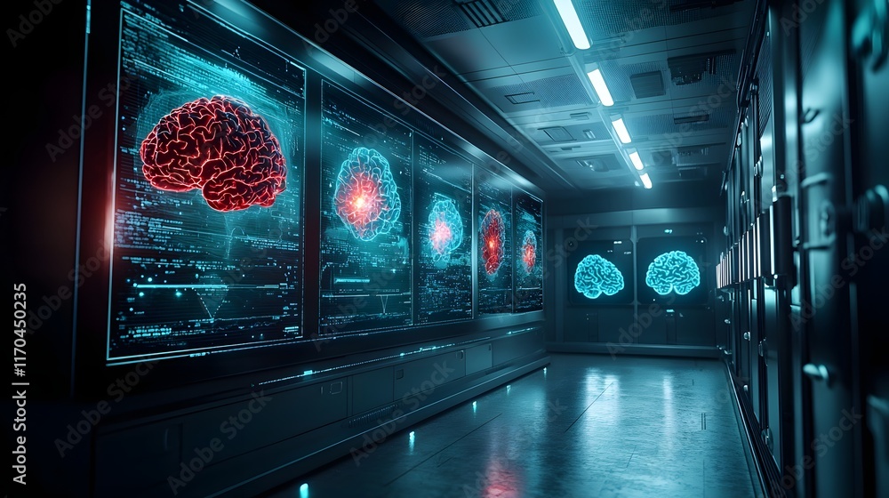 Poster quantum computing model predicting surgical outcomes for brain trauma patients with glowing holograp
