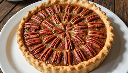 Pecan pie with decorative nuts on wooden table