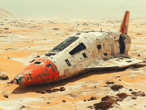 Crumbling Spaceship Mysteriously Resting in Desolate Desert Sands: Digital Painting, Futuristic Style. AI Generated