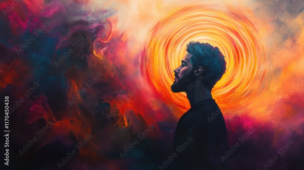 Aufkleber vibrant profile of a man glowing against a colorful swirling background in a serene atmosphere