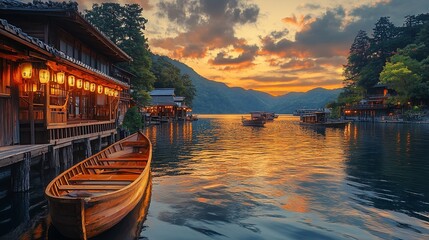 Fototapeta premium Wooden boat on lake at sunset, Japanese riverside houses, lanterns, serene scene