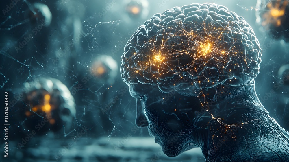 Poster innovative quantum powered analysis showcasing glowing data streams and intricate neural connectivit