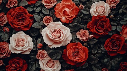 Naklejka premium A vibrant arrangement of red and pink roses surrounded by lush green leaves, creating a stunning floral backdrop.