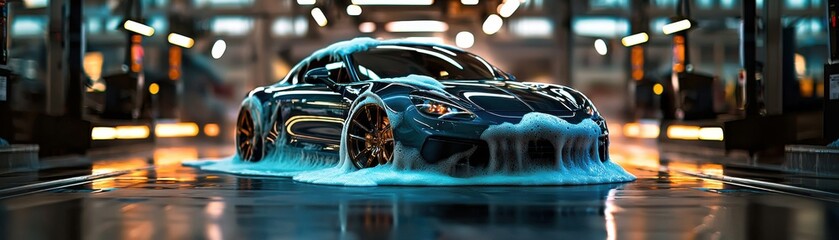 Obraz premium A futuristic car emerges from a shimmering, blue liquid in a sleek, high-tech environment, showcasing advanced design and technology.