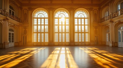 Sunlit Grand Ballroom Interior, Palace, Sunlight Streaming