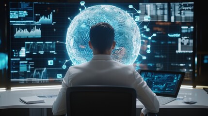 Global Network Monitoring: A Cybersecurity Analyst Reviews Data on a Giant Screen Displaying a 3D Model of the World
