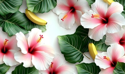 Pink hibiscus flowers, banana, tropical leaves on white.