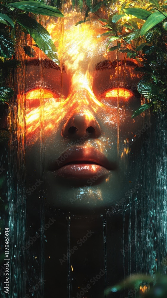 Poster Surreal representation of a woman's face surrounded by glowing elements and cascading water in a mystical setting