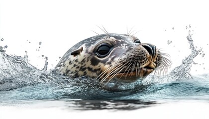 Fototapeta premium Harbor seal surfacing, ocean water splash, white background, wildlife
