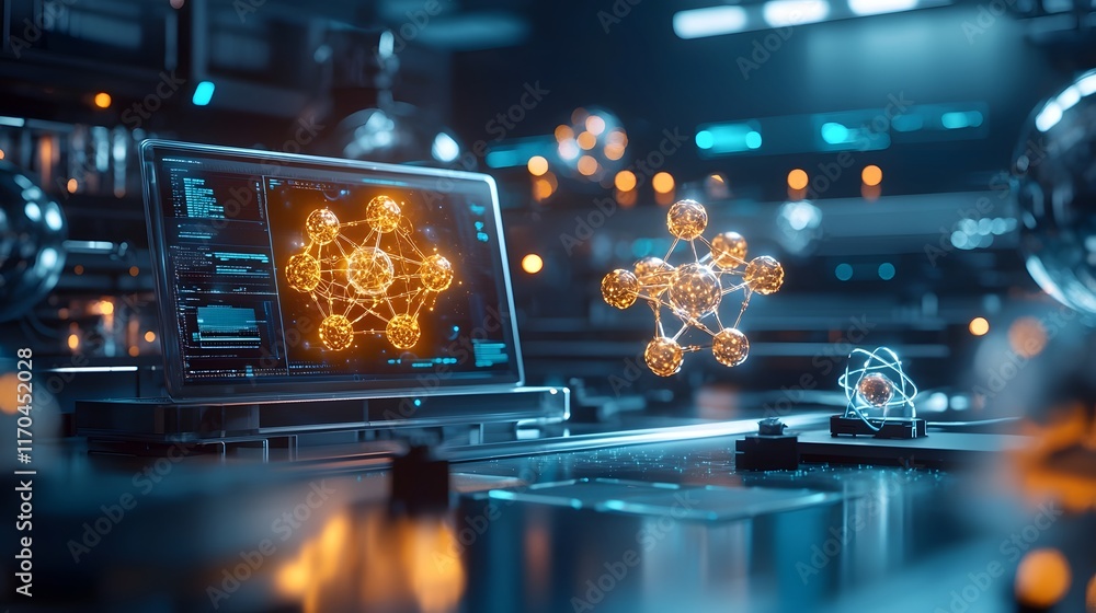 Poster Futuristic laboratory setting featuring a quantum computing system visualizing the intricate structures and motions of atoms through glowing holograms leaving ample copy space at the top of the image
