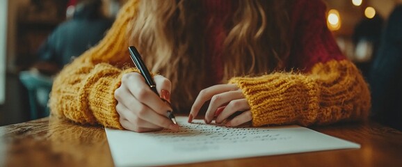 Woman writing in cozy sweater at wooden table.