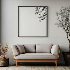 square blank frame mockup on plain wall with soft overhead lighting