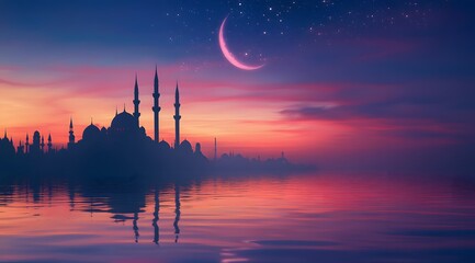 Naklejka premium Silhouette Cityscape Mosque Sunset Crescent Moon Stars