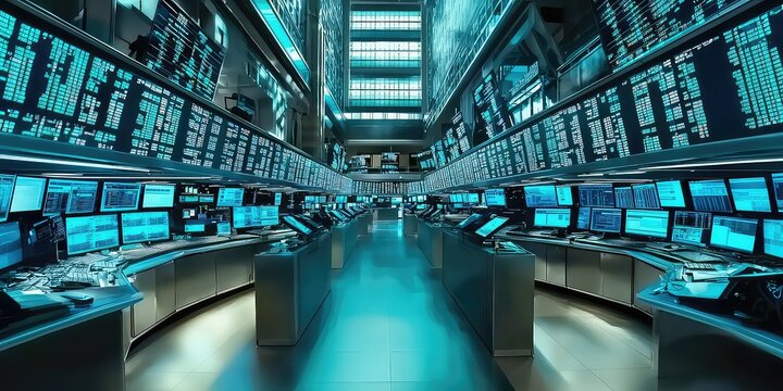 Wide-angle shot of a modern electronic trading floor with glowing data boards.