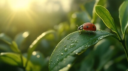 Ladybug on dew-kissed leaf, sunrise, lush foliage