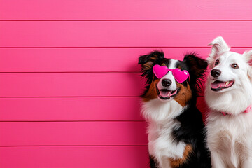 Cute dogs wearing heart shaped sunglasses against pink background, radiating joy and playfulness. Perfect for pet lovers and cheerful themes