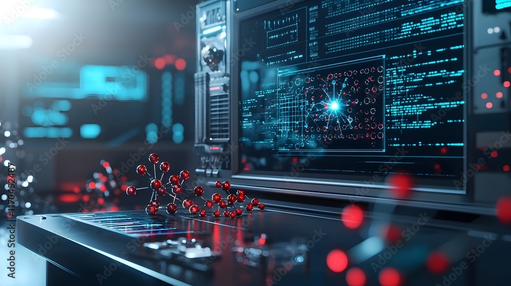 Poster Futuristic quantum computing setup simulating atomic fusion with holographic models and energy projections leaving copy space on the left for text or design elements