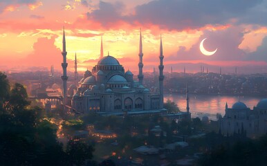 Fototapeta premium Majestic Mosque Sunset Cityscape Serene Evening Scene
