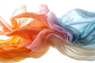 Fototapeta premium Ethereal Flowing Fabric in Soft Colors of Orange, Pink, and Blue, Capturing Movement and Light in a Dreamy Abstract Composition for Creative Use
