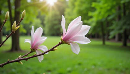 Obraz premium Magnolia flowers blooming in a sunny green park