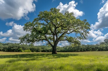 Fototapeta premium Majestic Oak Tree in a Sunny Meadow Landscape