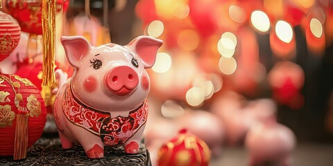 Naklejka premium Year of the Pig celebration with pig-themed decorations and food.