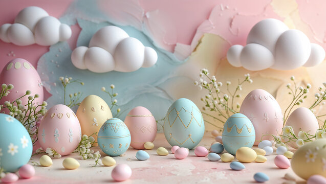 Decorated easter eggs with spring flowers and pastel clouds creating a festive scene